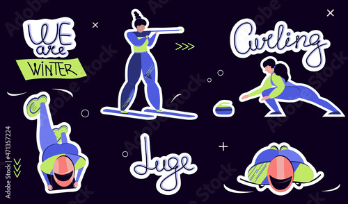 Set sticker different winter game sportsman vector illustration and lettering about sport in flat design art