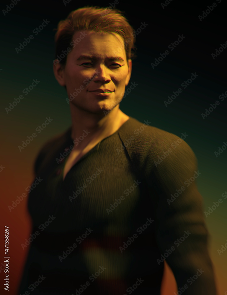 Shadowy portrait of a smiling athletic asian man in grey sweater. 3D rendering. Shadowy portrait of a smiling athletic asian man in grey sweater. 3D rendering.