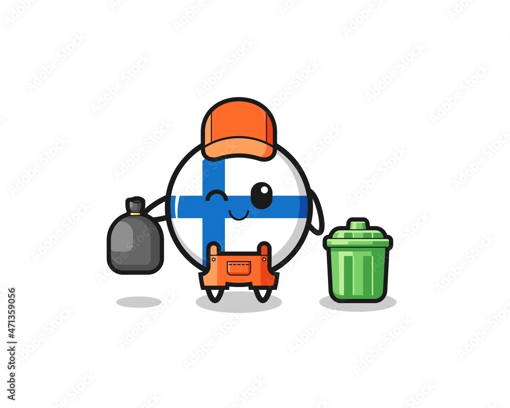 the mascot of cute finland flag as garbage collector