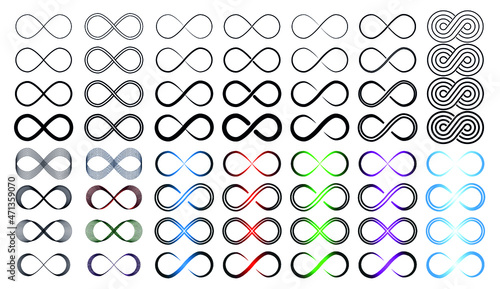 Infinity symbol icon set. Vector logos set. Contours of different shapes, style, thickness and colors, loop symbols. Unlimited Infinite Collection Icons Flat Style. Editable Stroke