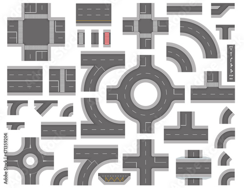 Road constructor top view. Set of road elements with roundabouts, tunnels.City, town highway, route map creation kit.