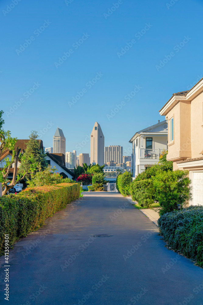 Asphalt pathway in the middle of a residential area at Coronado, San Diego, California