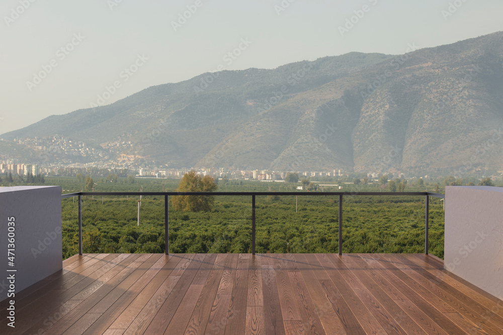 Fototapeta premium Balcony view of mountains. Landscape. Sunny Day. Terrace with a beautiful view. Background with beautiful landscape.