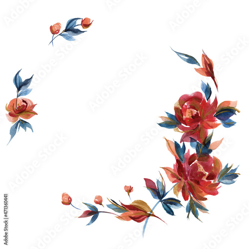 Blue and orange roses wreath in cottege folk trend