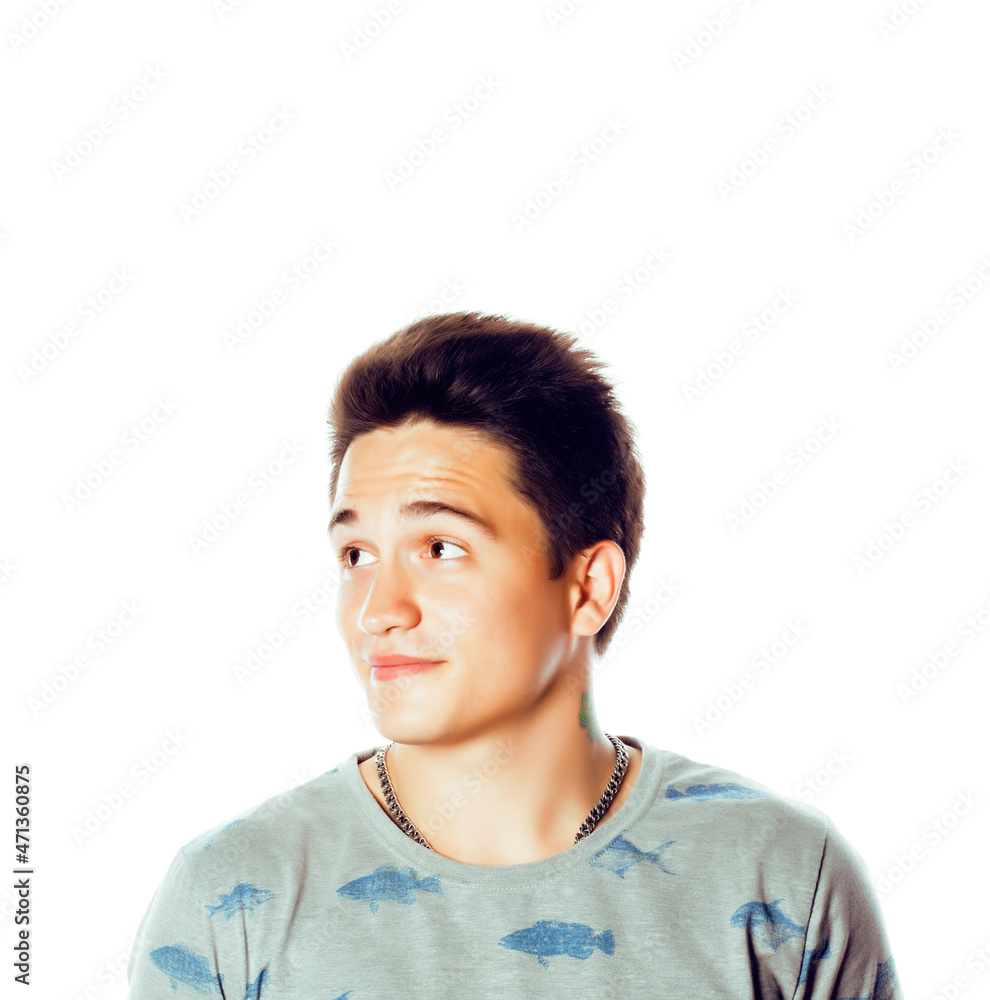 young attractive man isolated thinking emotional on white close up gesturing smiling, lifestyle people concept young attractive man isolated thinking emotional on white close up gesturing smiling, lifestyle people concept
