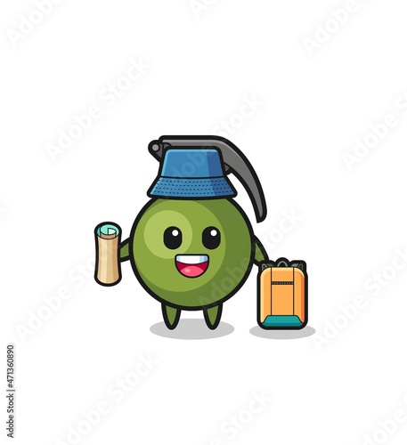 grenade mascot character as hiker