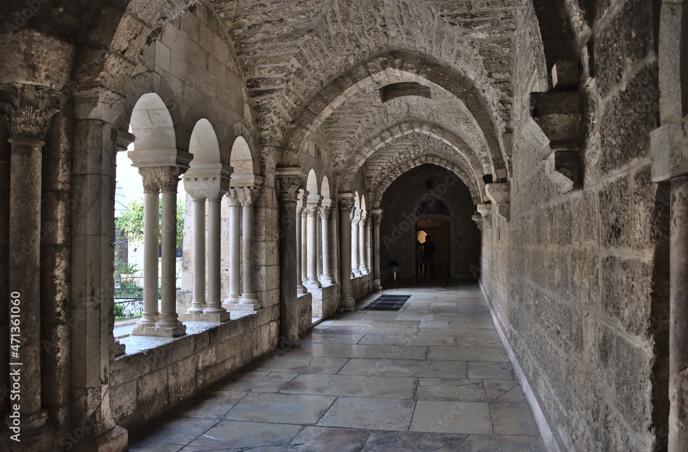 The inner courtyard of the Church of the Nativity - terraces with stone columns, Bethlehem.