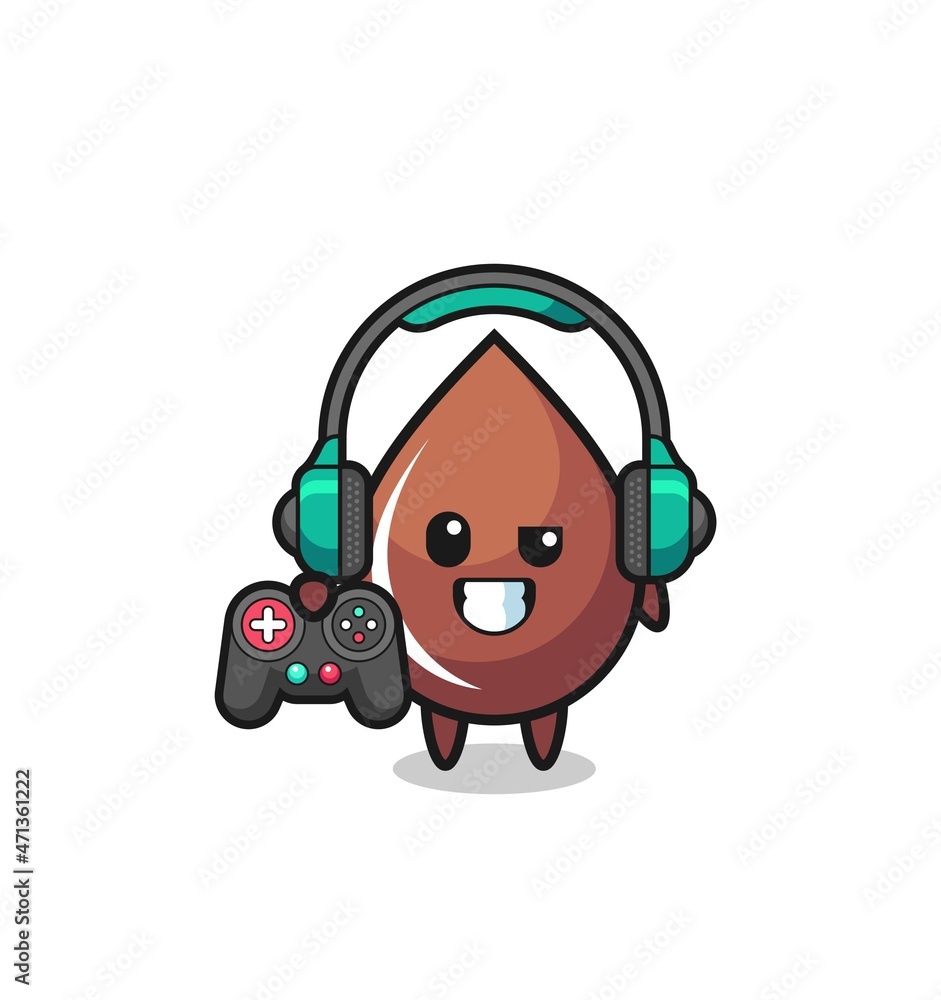 chocolate drop gamer mascot holding a game controller
