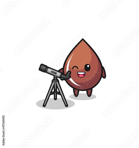chocolate drop astronomer mascot with a modern telescope