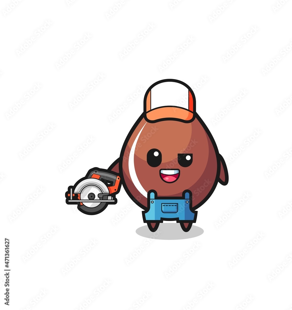 the woodworker chocolate drop mascot holding a circular saw