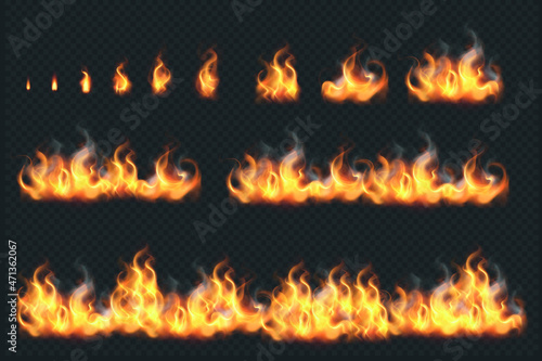 Burning red hot sparks realistic fire flames Premium Vector illustration