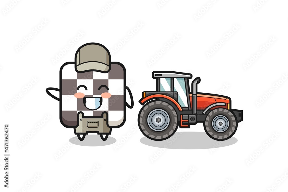 the chess board farmer mascot standing beside a tractor the chess board farmer mascot standing beside a tractor