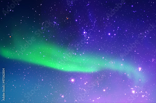 Night starry sky. Milky Way and Northern lights. Green aurora borealis