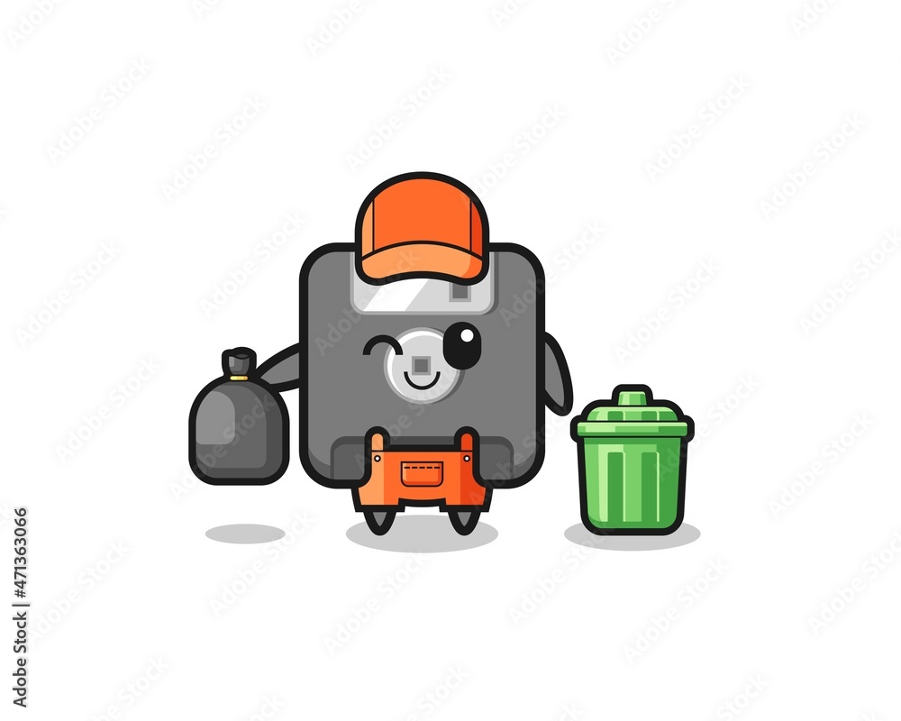 the mascot of cute floppy disk as garbage collector the mascot of cute floppy disk as garbage collector