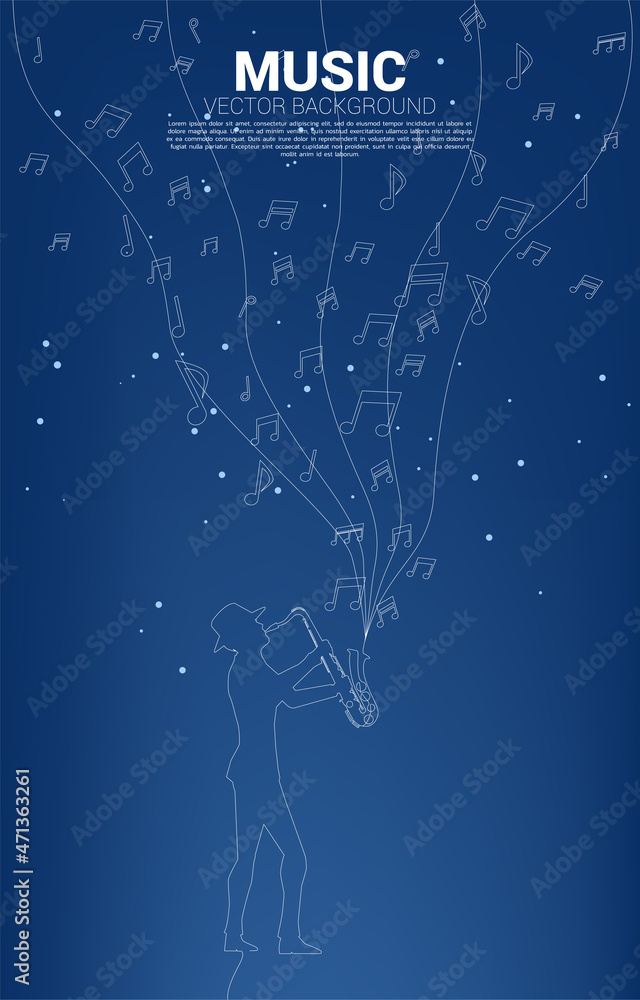 Vector music melody note dancing flow with one line saxophonist . Concept background for jazz song and concert theme.
