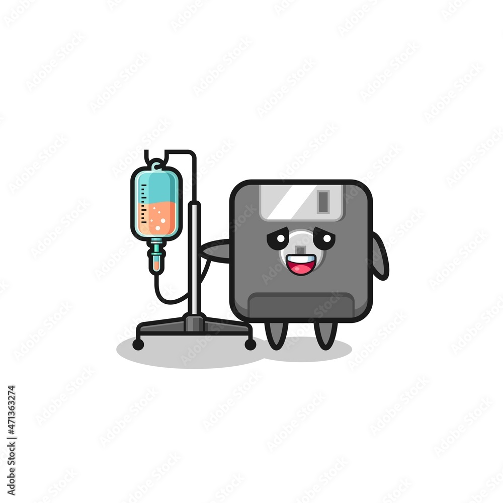 cute floppy disk character standing with infusion pole cute floppy disk character standing with infusion pole