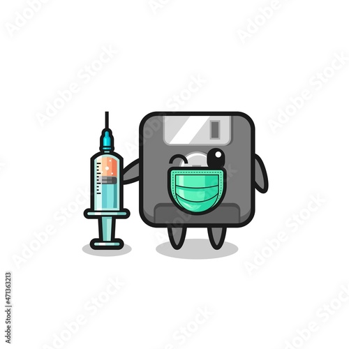 floppy disk mascot as vaccinator