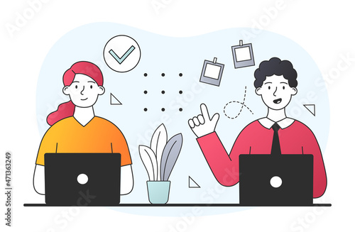 People freelancers work. Man and girl sitting at laptop. Communication of colleagues, partners, coworking. Husband and wife set up workplace at home, online. Cartoon flat vector illustration