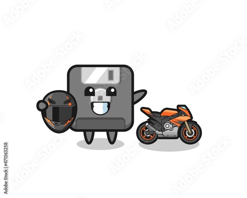 cute floppy disk cartoon as a motorcycle racer