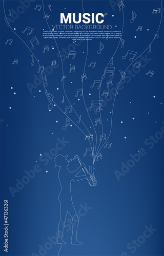 Vector music melody note dancing flow with one line saxophonist . Concept background for jazz song and concert theme.