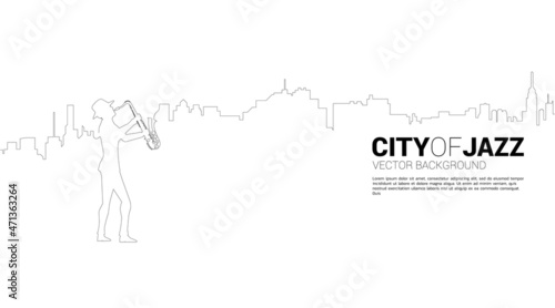Vector silhouette of saxophonist with city from one line. Concept for city of jazz music.