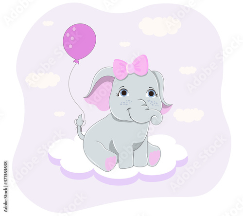 Baby elephant with balloon concept. Cute wild animal with bow sits on cloud and looks up. Smiling children character. Design element for printing for baby clothes. Cartoon flat vector illustration