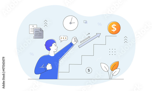 Successful business development concept. Young man develops strategy for achieving success. Career growth of employee. Character climbs ladder to wealth and money. Cartoon flat vector illustration