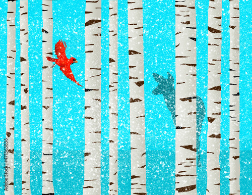 A red cardinal bird and a white tail deer are seen among paper birch trees during a snow storm in this 3-d illustration.