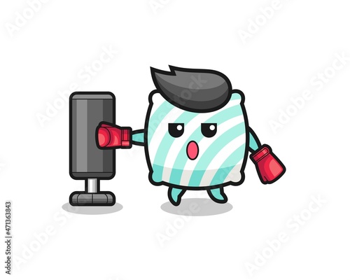 pillow boxer cartoon doing training with punching bag