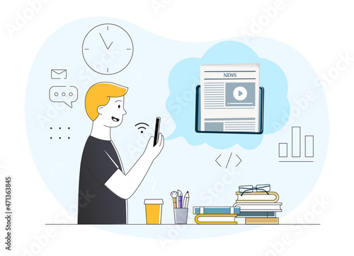 Reading news on smartphone concept. Young man holding phone in his hands and reading new information in digital newspaper. Employee interested in events in world. Cartoon flat vector illustration