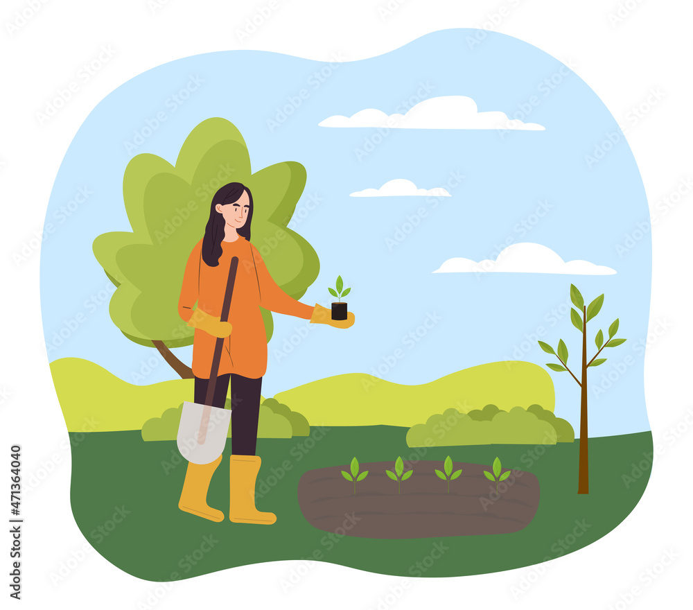 Work in garden concept. Young woman with shovel in her hands planting sprouts with green leaves. Female character grows vegetables, fruits and flowers. Cartoon modern flat vector illustration