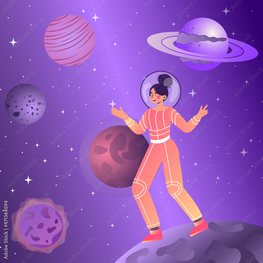 Naklejka premium Astronaut and galaxy concept. Young woman in spacesuit travels in open space. Female character surrounded by planets, stars and comets. Person walks on moon. Cartoon flat vector illustration