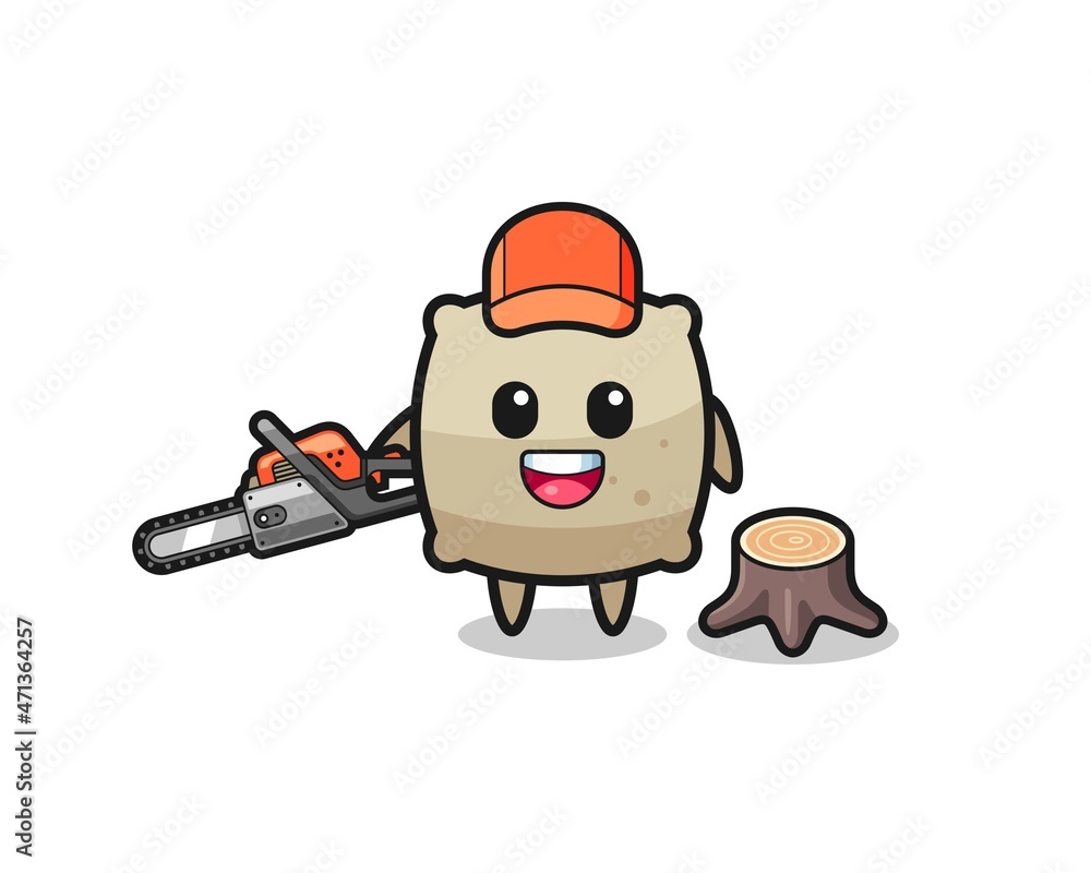 sack lumberjack character holding a chainsaw