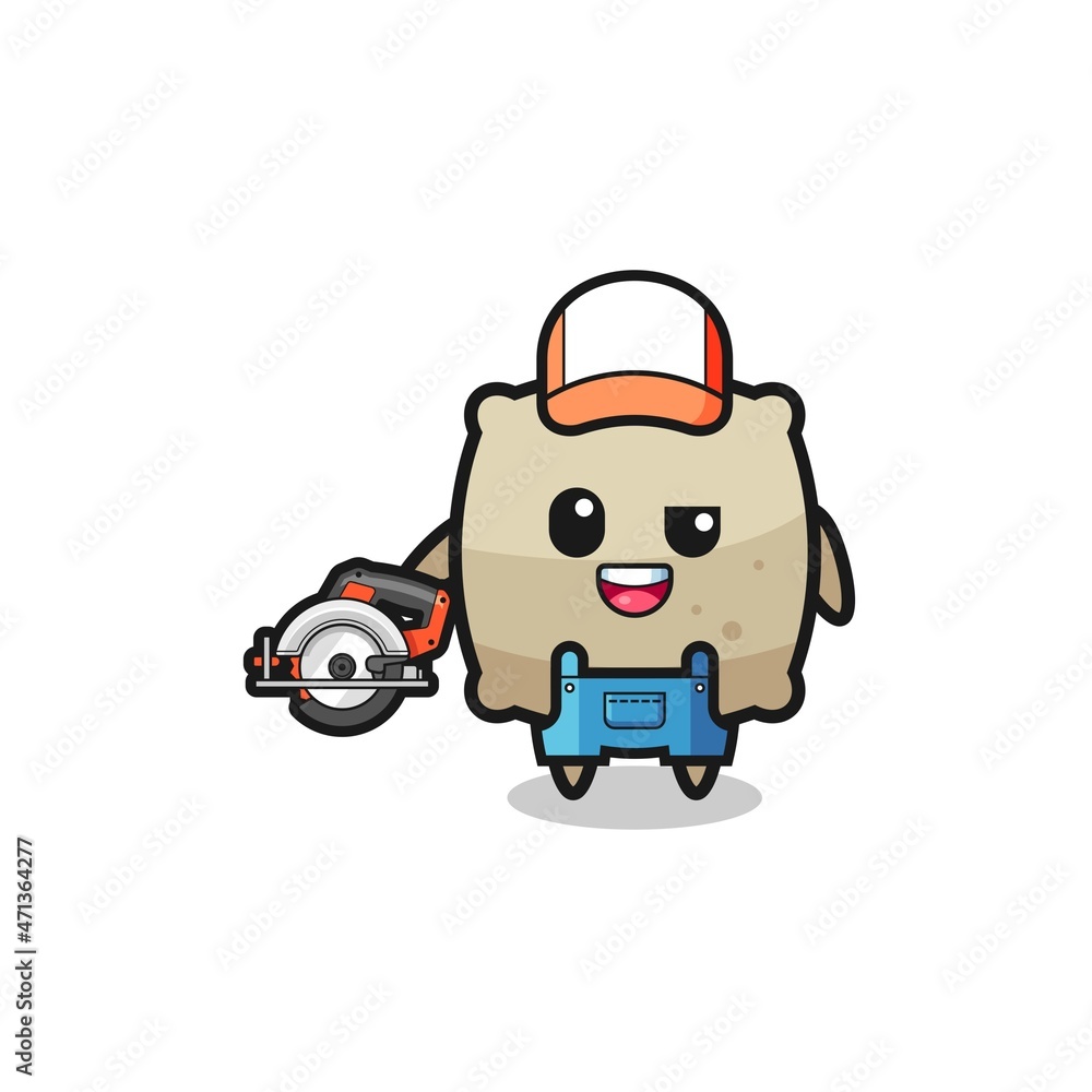the woodworker sack mascot holding a circular saw the woodworker sack mascot holding a circular saw