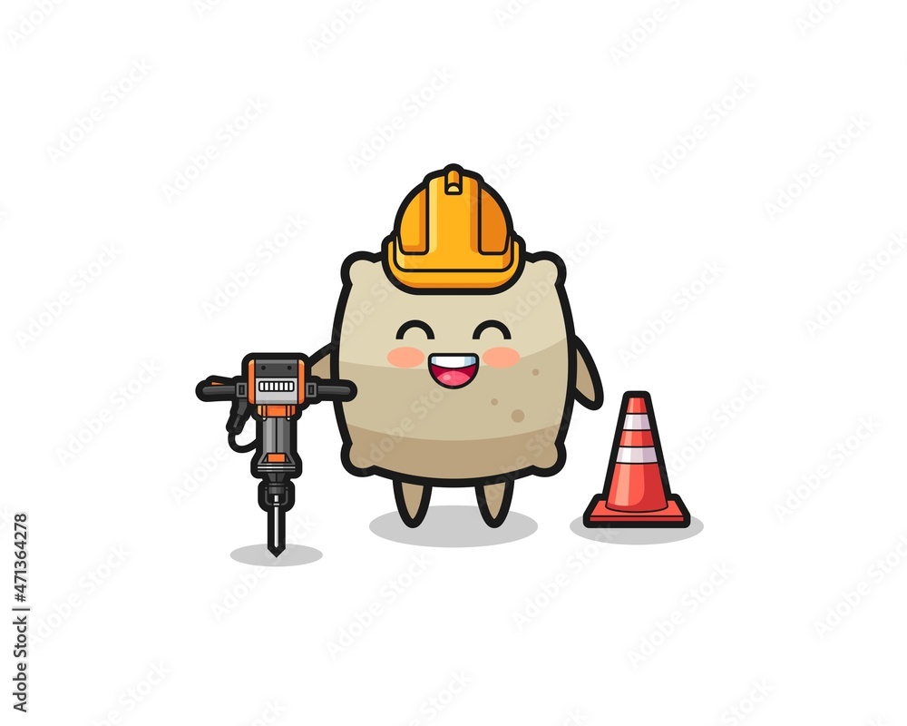 road worker mascot of sack holding drill machine road worker mascot of sack holding drill machine
