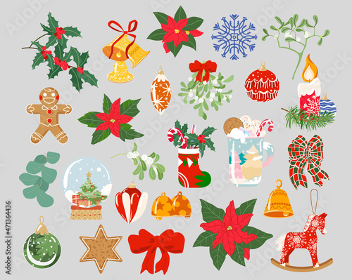 Christmas stickers collection with cute seasonal elements. Christmas icon. Happy holiday. Colorful trendy flat illustration