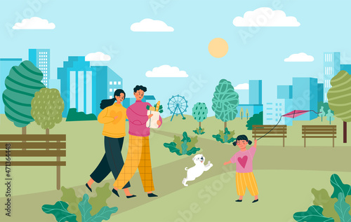 People in park concept. Young men and women walk with dog and little daughter outdoors. Happy family relaxing in nature at weekend. Couple with child and pet. Cartoon flat vector illustration
