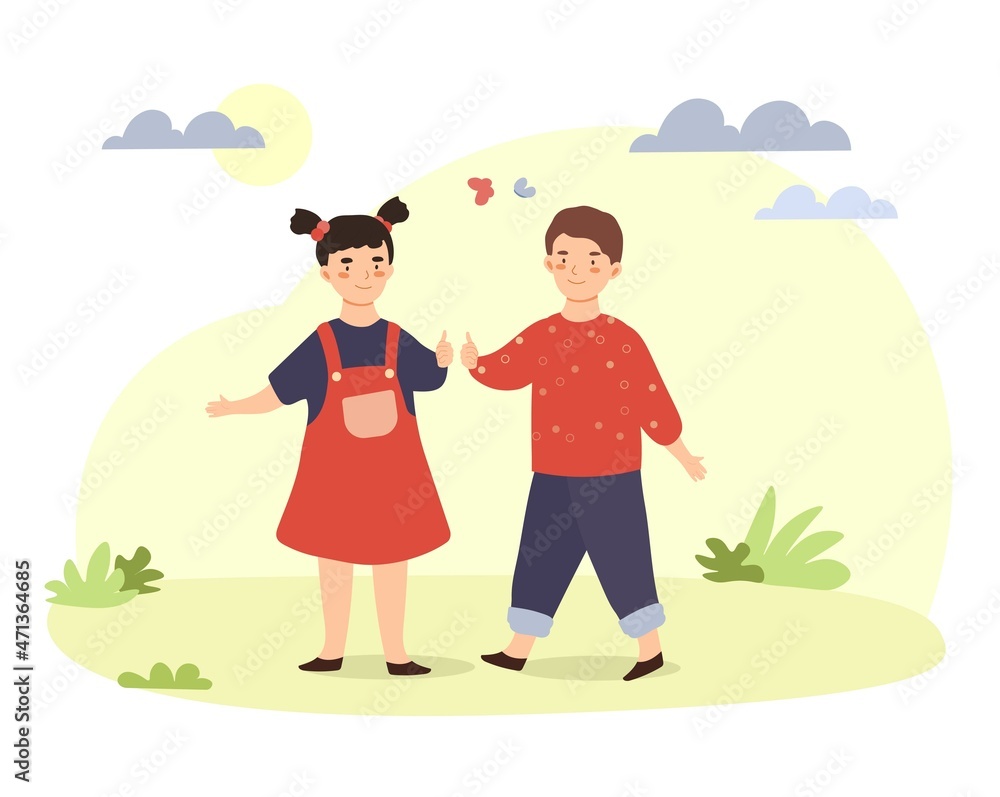 Cheerful expression concept. Boy and girl show thumbs up gesture ...