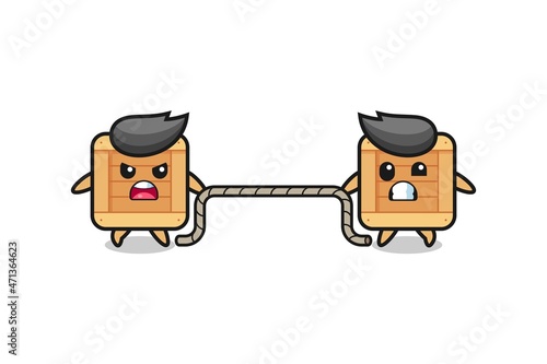 cute wooden box character is playing tug of war game