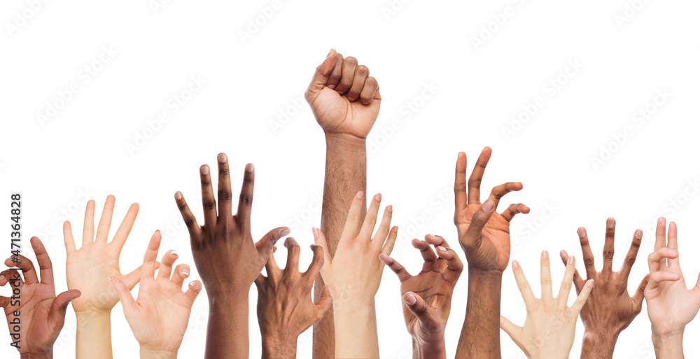 Motivated millennial multinational group of people raise hands up, isolated on white background