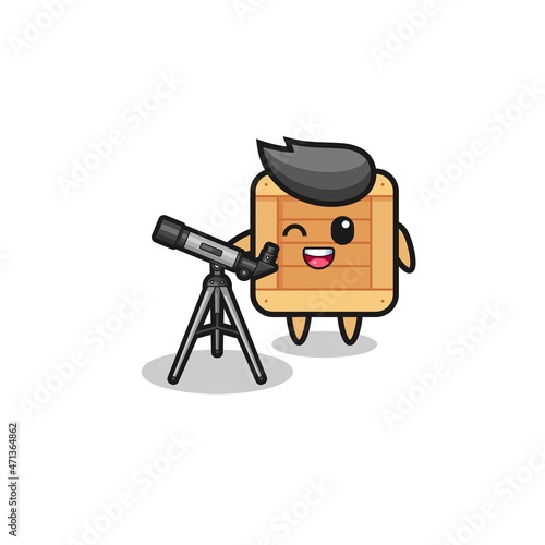 wooden box astronomer mascot with a modern telescope
