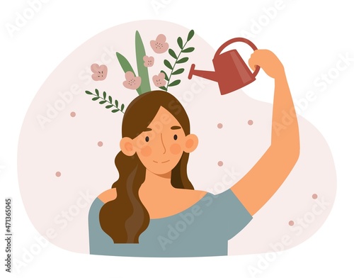 Positive thinking concept. Happy young woman watering flowers on her head. Metaphor of mental health and well being. Emotional stability and good mood. Cartoon modern flat vector illustration