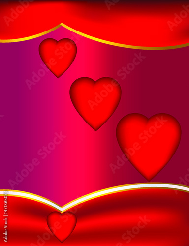 Red Love gift bag background with set of red hearts and gold frames on Natural Rose Red color background