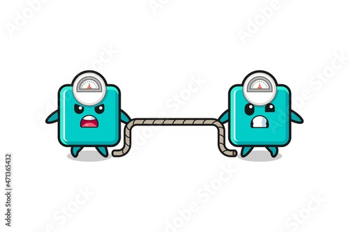 cute weight scale character is playing tug of war game