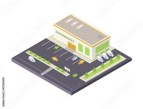 Supermarket buildings concept. Colorful poster with shop, parking, road and cars. Grocery or clothing store. Design element for websites and printing on paper. Cartoon isometric vector illustration