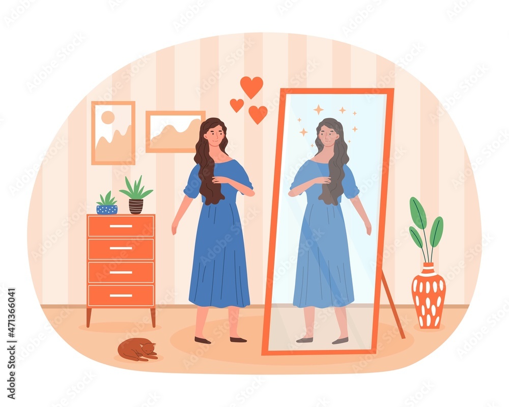 Obraz premium Self image abstract concept. Woman looks at reflection in mirror. Metaphor for positive personality traits, mental development, self love and individual psychology. Cartoon flat vector illustration