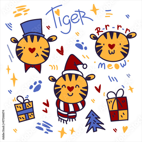 Christmas set with tigers in children s doodle style. Vector colored icons of cats in hats  with gifts  paws  lettering. Yellow  red  blue isolated on white background.