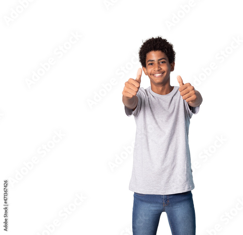 A adolescent afro latino pointing up
