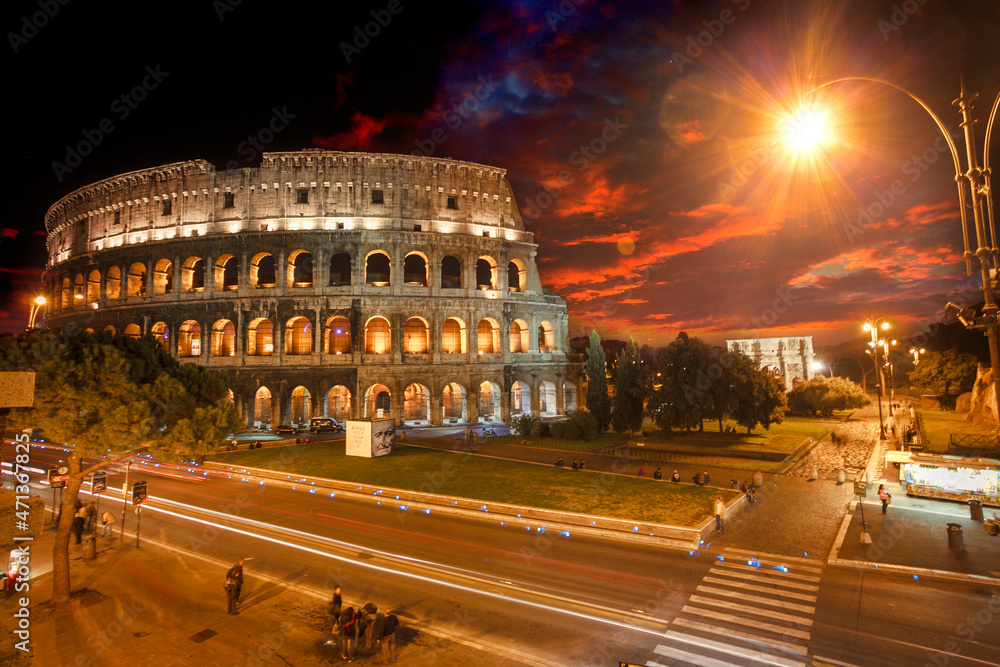 Coliseum or Flavian Amphitheater at sunset: the most famous monument of Italy.