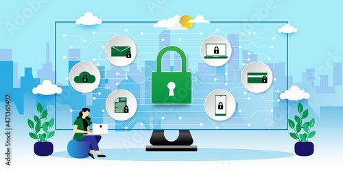Cyber security internet and networking concept With icons. Cartoon Vector People Illustration